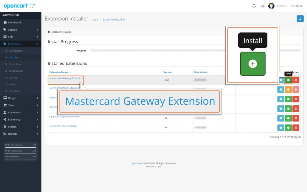Click the ‘Green (+)’ icon next to ‘Mastercard Gateway Extension.