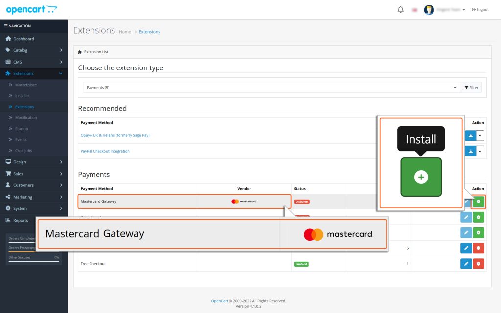 Locate ‘Mastercard Gateway’ from the list of payment methods and click the ‘Green (+)’ icon next to it to install the same.