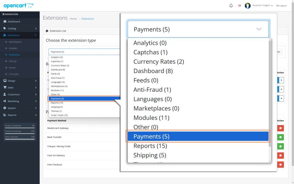Choose Payments from the extension type dropdown