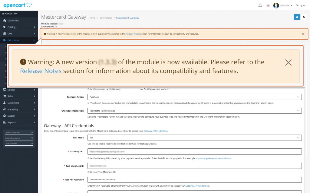 Image of Opencart Admin Page with Notification
