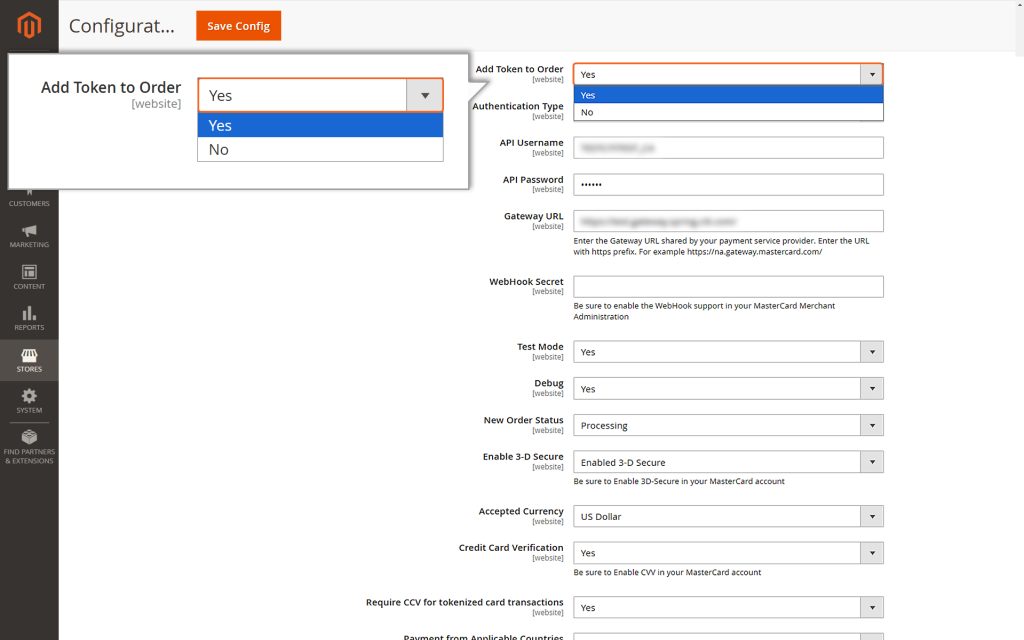 Choose “Yes” for the Add Token to Order option for the Payment token used during the transaction to be saved securely at the order level.