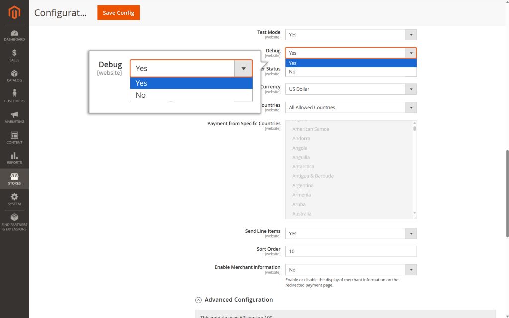Enable Debug by selecting Yes if you’re testing in Test Mode.