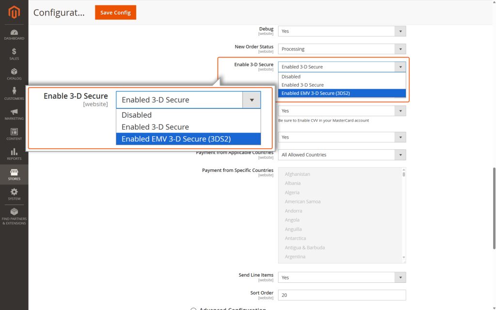 Enable 3-D Secure: This option lets you select the security level for the user’s card during transactions. This includes: Disabled, 3-D Secure & EMV 3-D Secure (3DS2)