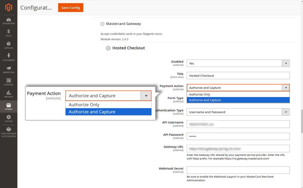 Choosing the payment action - Authorize and Capture