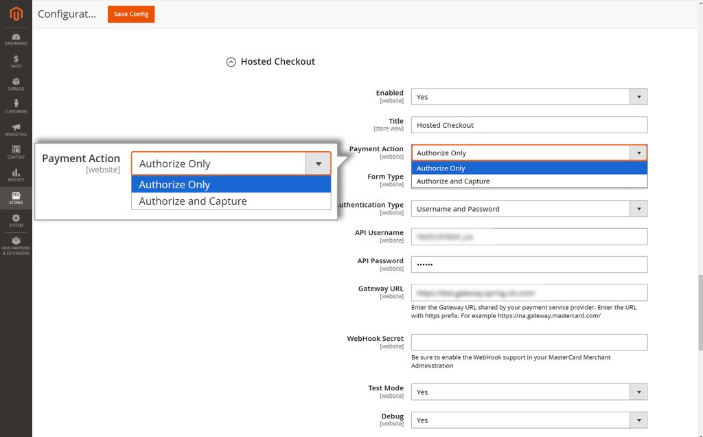 Choosing the payment action - Authorize Only