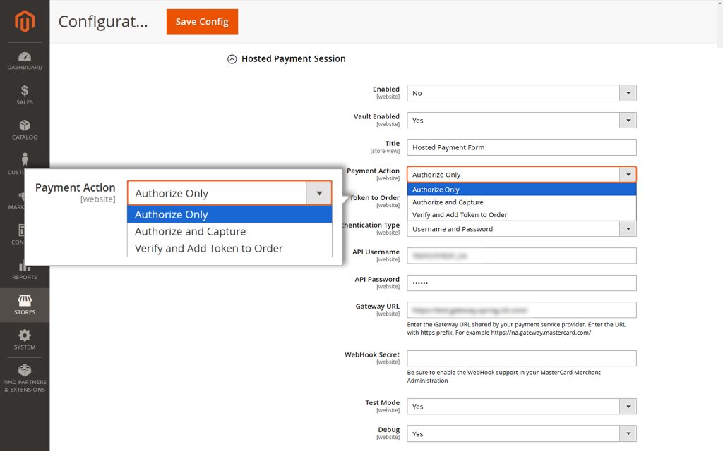 Choosing the payment action - Authorize Only