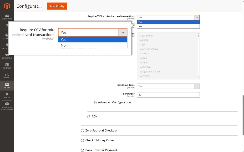 Require CCV for Tokenized Card Transactions is visible only when the Vault Enabled feature is turned on. Set this to Yes to mandate card verification (using the CCV/CVV code) for saved cards during transactions.