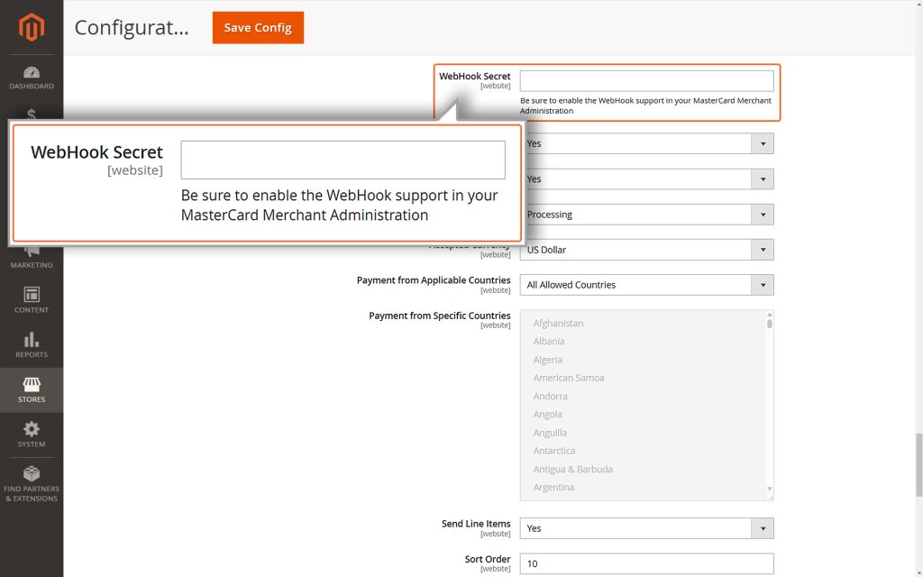 Enter the WebHook secret from your merchant account.