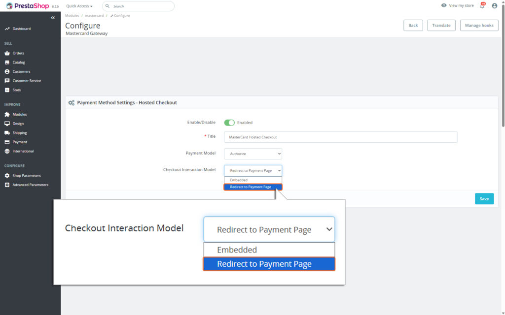 Highlighting Redirect to Payment Page option from Checkout Interaction Model dropdown field