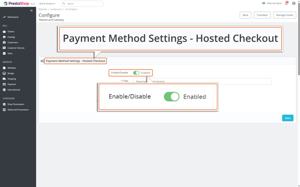 Image highlighting Enabled and Disable toggle button for the Hosted Checkout