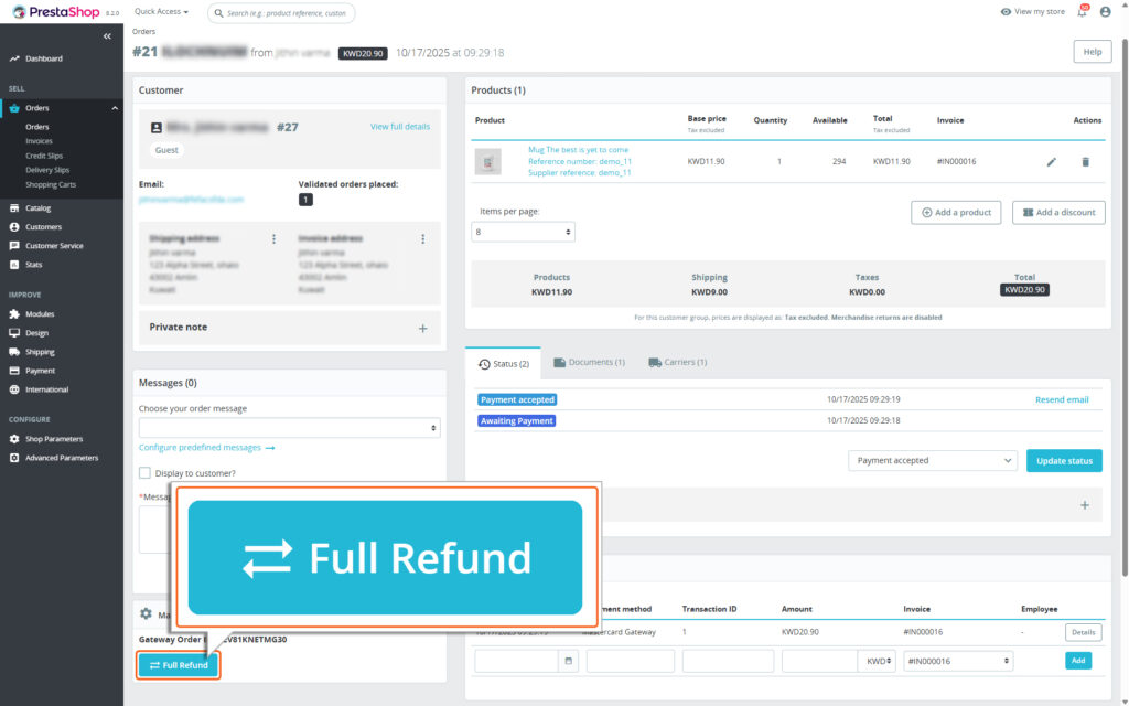 Image of Order details page highlighting Full Refund Submit button