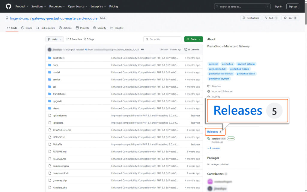 Image of prestashop github repository ,highlighting the GitHub Releases