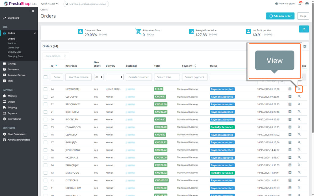Locating view button in order list associated with a particular order