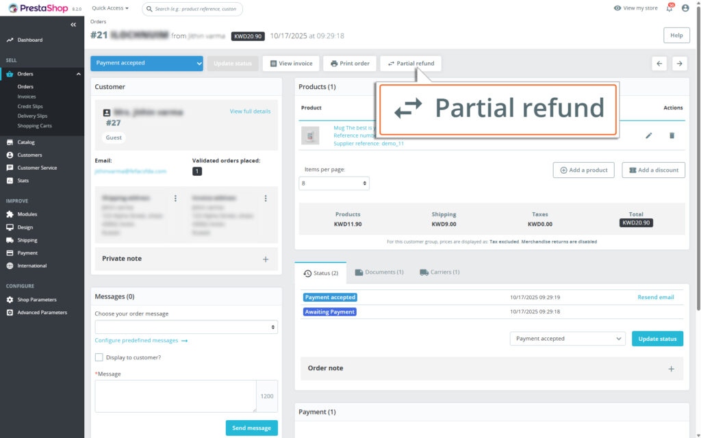 Image of Order details page highlighting Partial Refund button