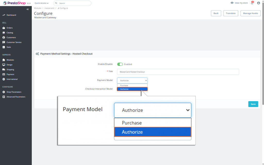 Highlighting Authorize option from Payment Model dropdown field