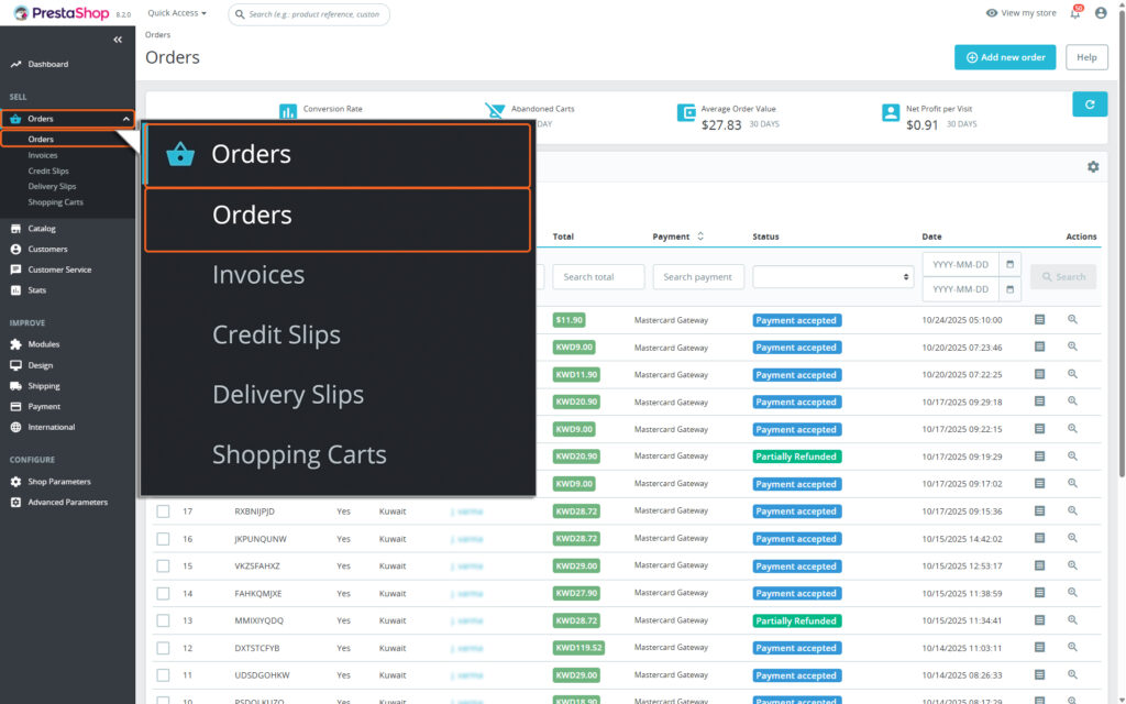 Navigating to PrestaShop Admin Panel then to Orders and Orders list