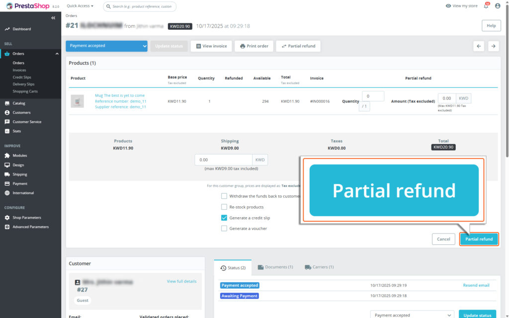 Image highlighting partial refund submit button